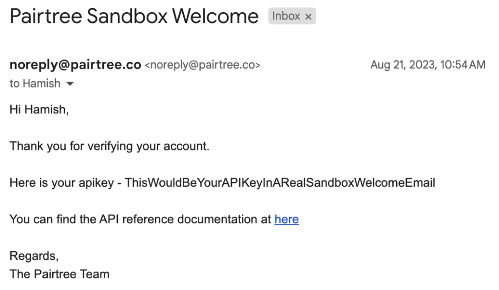 An image depicting the Sandbox Welcome email with API key